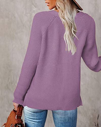 Dawwoti Suéteres femininos de outono gola em V pulôver com botões e blusas de tricô túnica casual, R