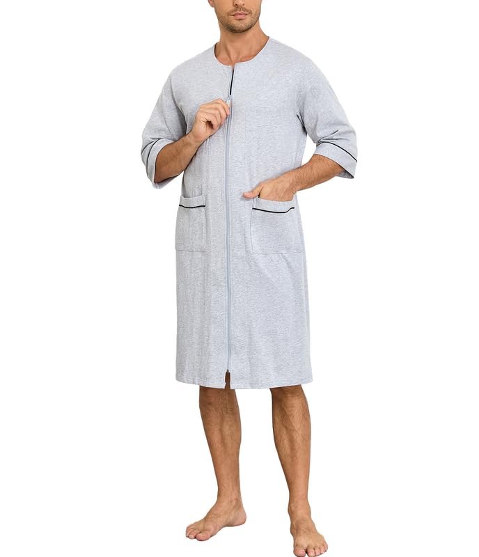 COLORFULLEAF Peignoir léger 100 % coton pour homme avec fermeture éclair en sauna, peignoir pour homme avec poche
