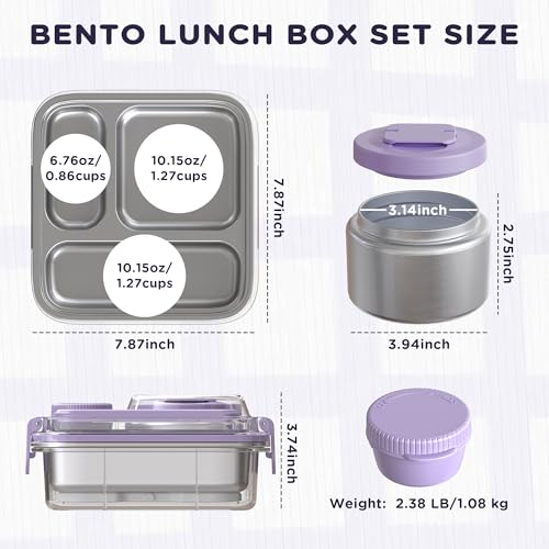 Stainless Steel Bento Lunch Box for Kids Adults with 8oz Insulated Food Jar,Ice Pack,Leak-proof,Dishwasher-Safe,Transparent Lid with Sauce Cup and Cutlery Storage for School & Travel,BPA-Free(Purple) by Fomazi - Used condition - Image 2