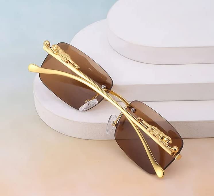 Image of Dervin Leopard Decorated Arms Rimless Rectangle Sunglasses for Men and Women