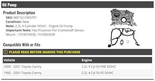 Engine Oil Pump - Compatible with 1992-2001 Toyota Camry 2.2L 4-Cylinder DOHC