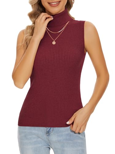 Image of Sleeveless Turtlenecks Tops for Women Slim Fit Knit Sleeveless Vest | Lightweight Stretchy Turtleneck Sweater Women Business Casual Wear