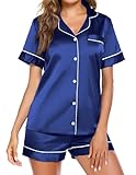 Ekouaer Satin Pajamas for Women Shorts Pjs Set Two Piece Loungewear Button Down Sleepwear Silk Loungewear Top and Shorts Pjs Navy,Small