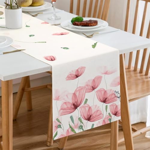 Tischläufer Modern Frühling Sommer 40x140 Abwaschbar Landhausstil Leinen Tisch Läufer Rosa Blumen Botanical Tischdecke Deko Klein Natur Küche Esstisch Dekoration für Wohnzimmer Draußen
