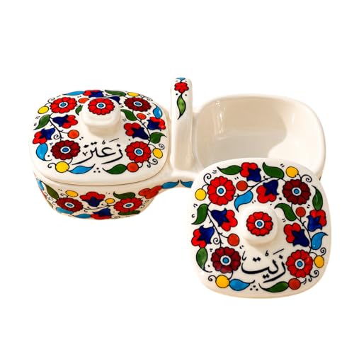 Palestinian Olive Oil & Za’atar Serving Dish – Handmade Ceramic Dipping Plate Set, Bread Dip Tray, Appetizer Platter, Mezze Serving Dish Colorful Design