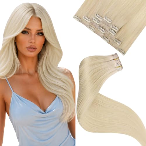 Image of LaaVoo Clip In Hair Extensions, For Beginners, 14 Inch 5Pcs 80g | Bleach Blonde Human Hair Clip In Extensions, Display Natural Shine, Match Party Wear, And Date Night Styling