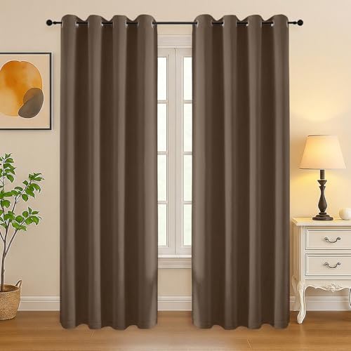 Image of Simplebrand Brown Curtains for Bedroom Living Room 72 Inches Long 2 Panels Set, Room Darkening Thermal Insulated Curtains & Drapes, Solid Grommet Noise Reducing Window Treatment, W50 x L72 Inch
