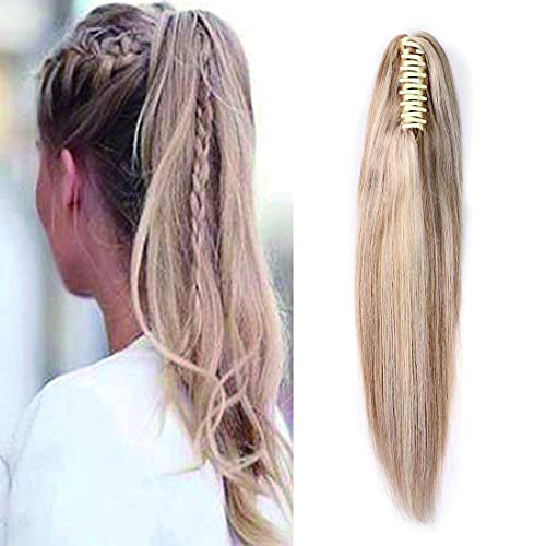 SEGO Jaw/Claw Clip Ponytail Extension Human Hair Clip in Ponytail Hair Extensions Pony Tails Hair Extensions 100% Real Remy Hair Long Straight For Women 20 Inch Golden Brown&Bleach Blonde 120 Gram