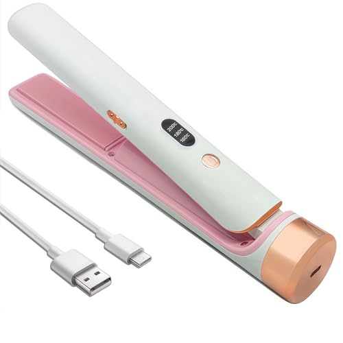 Cordless Hair Straighteners, Travel Portable Rechargeable 2 in 1 Straightener and Curler with 4000mAh Battery, Pink Mini Flat Iron for Women