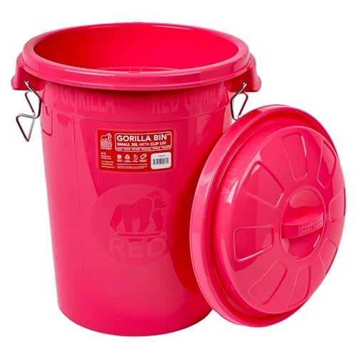 Red Gorilla Bin 30 Litre with Clip Lid Pink Stackable Storage Plastic Lightweight Weather Resistant Frost Proof for Indoor Outdoor Waterproof Waste Bin for Garden Garage Kitchen Home Recycling