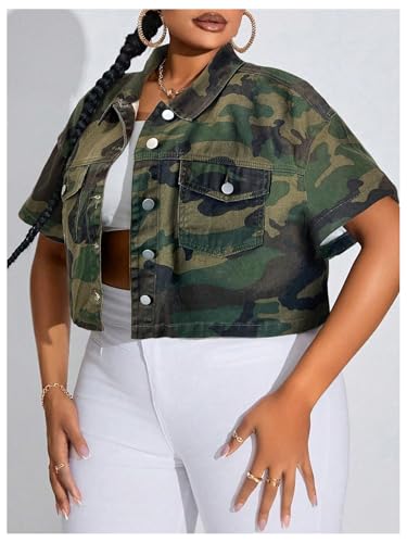 WDIRARA Women's Plus Size Camo Print Crop Denim Jacket Button Down Short Sleeve Jean Coat4
