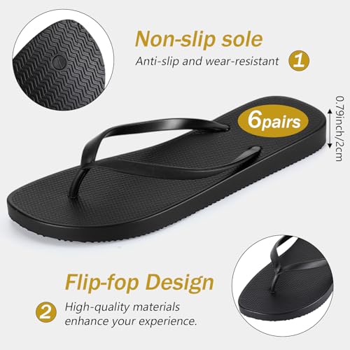 6 Pairs Slim Flip Flops for Women Black Beach Rubber Shower Shoes Thong Sandals Soft Reusable Summer Flip Flops for Women Beach Shower Indoor and Outdoor2