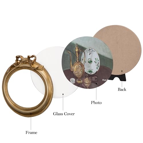 Image of eletecpro 4x6 Oval Picture Frame with Glass Cover, Vintage Gold | Antique Ornate Gold Bow Photo Frame 4 x 6 for Tabletop or Wall Hanging
