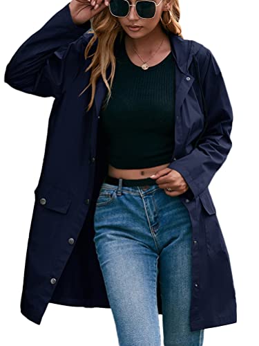 seiveini Cortavientos Mujer Abrigo Impermeable Chaqueta con Capucha Mujer Ligero Transpirable Chubasquero Secado Rápido para Senderismo Trenchcoat Chic A Armada L Cover