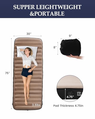 Image of Inflatable Camping Sleeping Pad, Portable Single Air Mattress - Brown | Soft Velvet Top, Lightweight, Travel Mattress, Cot Mattress, Car Camping Essentials, Glamping, Machine Washable