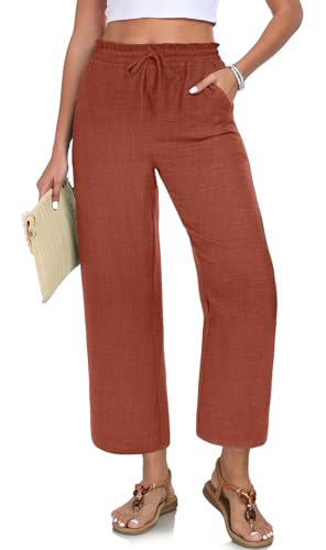 EDUWU Women Casual Pants Loose High Waist Wide Leg Cropped Palazzo Beach Pants Summer Outfits 2026 Trendy Rust Red, L