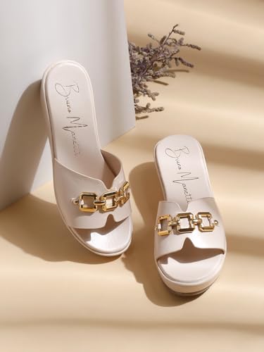 Image of Bruno Manetti Women's Slipon Back Open with Upper Golden Buckle Round Toe Comfort Platform Wedges