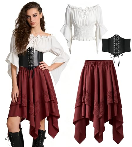 minkasic Disfraz de Pirata Mujer Medieval Gótico Conjunto de Vestido Medieval con Camisa Blanca y Cinturón, Traje de Carnaval para Mujer, Disfraz Halloween y Fiesta de Disfraces (Rojo, XL)