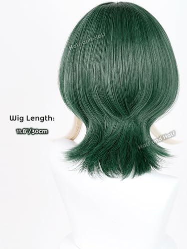 Image of Guita Cosplay Wig Short Dark Green Anime Wig for Women Green and White Layered Wig with Bangs Hime Cut Wigs for Women Halloween Party Costume