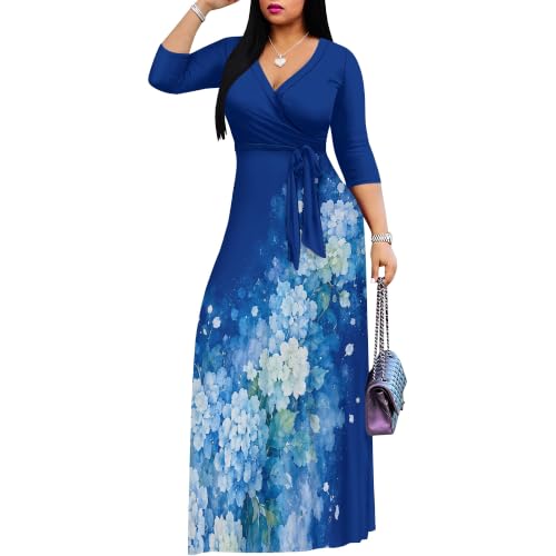 Image of Plus Size Maxi Dress for Women V Neck 3 /4 Sleeve Wrap Dress Blue S | Blue Floral Women's Maxi Dress for Mother's Day Wedding Women's Day