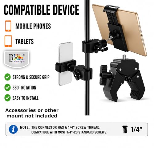 Image of Brolaviya Camera Super Clamp with Male 1 /4 inch-20 Screw Mount, Adjustable Crab Clamp for Photography Equipment, Monitor, LED Light, Action Camera, Fits 13-47mm Pipes, Rods & Bars