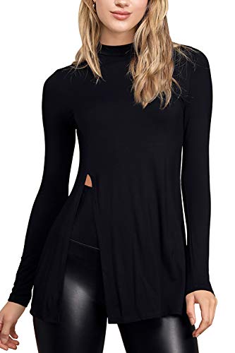 Upopby Women s Sexy Long Sleeve Tunic Tops for Women for Leggings Mock Neck Side Slit Stretchy Casual T Shirts Black L