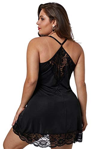 Lime Flare Women Sexy Plus Size Lace Trim Babydoll Chemise Criss Cross Back Lingerie Dress Sleepwear (3X-Large(Us 22-24),Solid Black With Satin Bow Detail) #TOP1