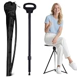 ALEVMOOM Walking Cane with Seat Folding Lightweight, 2-in-1 Cane Stool for Adults, Aluminum Walking Stick with Seat, Capacity 330lb Portable Stool for Senior, with Carry Bag-Black