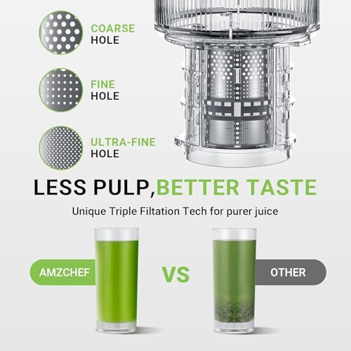 AMZCHEF Cold Press Juicer, Juicer Machines - 5.2" Large Feed Chute for Whole Fruits & Vegetables, Stainless Steel Slow Masticating Juicer Easy to Clean, Large Auger, Triple Strainers, Silver