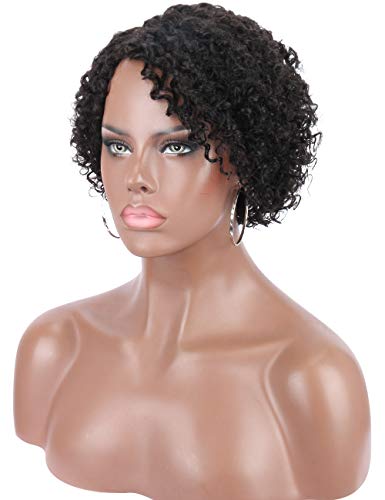 Kalyss 100% Human Hair Afro Short Jerry Curly Wavy Off Black Wigs for Black Women Hand Tied Lace Side L Parting Bouncy Curls Natural Looking Wigs (1B)