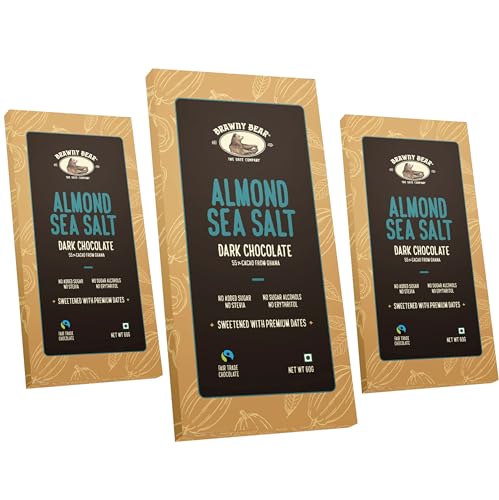 Image of Almond Sea Salt 55% Dark Chocolate | Set of 3 bars x 60g | Date Sweetened, No Added Sugar | Vegan | No Artificial Flavours | Compostable Packaging