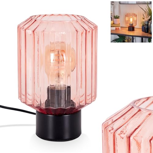 Tischleuchte Moruja, Tischlampe aus Metall/Glas in Schwarz/Rosa, Leuchte im modernen Vintage/Retro-Design mit Schirm aus Glas (Ø 13 cm) u. An/-Auschalter am Kabel, 1 x E27, ohne Leuchtmittel