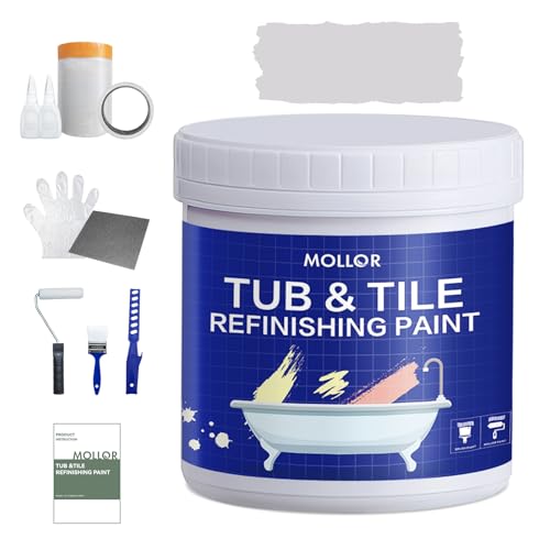 Mollor Tub and Tile Refinishing Kit with Tools, 35oz White Tile Paint Water Based & Low Odor, DIY Bathtub Paint, Easy to Use for Bathroom, Kitchen, Porcelain, Floor, 50-60sq.ft（Light Grey）