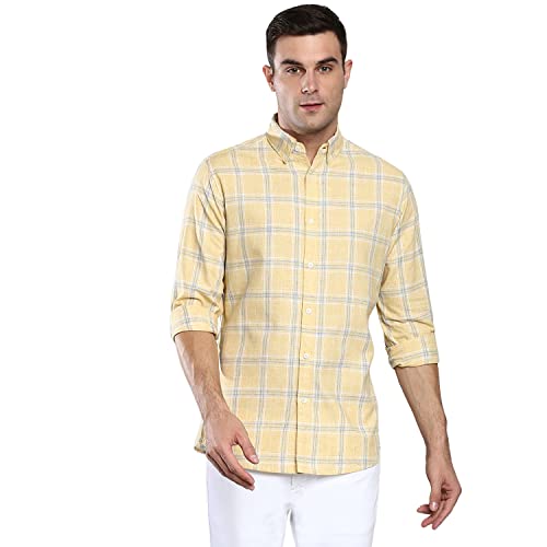 Image of Dennis Lingo Men's Checkered Slim Fit Cotton Linen Casual Shirt with Button-Down Collar & Full Sleeves