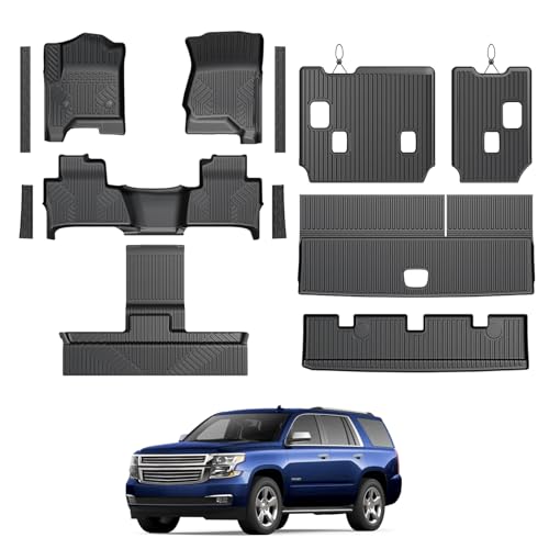 Image of Floor Mats for Chevy Tahoe /GMC Yukon 2015-2020, All Weather Floor Mats Trunk Cargo Liner with Backrest Protectors and Door Sill Guards Accessories, Full Coverage Set (Fit 7 Seats)