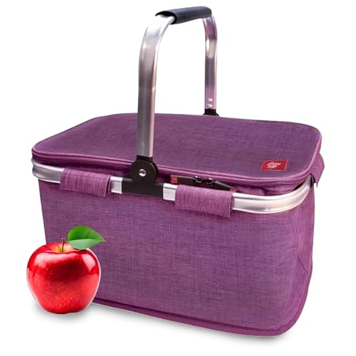 Cesta Picnic 20L - Cesta Plegable Termica con Marco de Aluminio, Cesta Bolsa Termica Mantiene el Frio 12h, Nevera Portatil con Cremallera Evita Fugas, Libre de BPA para Picnic, Camping, Lila Jaspeado