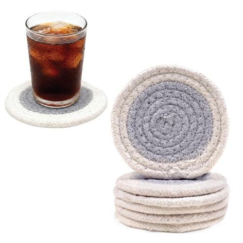 Image of Encasa XO Drink Coasters Set of 6 | Light Grey & Off White with Round (9 cm) | Handcrafted Ribbed Cotton | Absorbent & Heat-Resistant | Use for Tea, Coffee Table & Desk