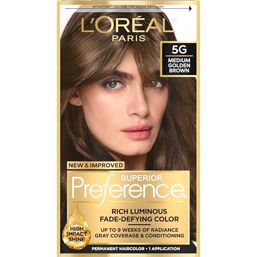 L'Oreal Paris Superior Preference Luminous Fade-Defying Permanent Hair Color, Hair Dye For Up to 9 Weeks of Radiance, Medium Golden Brown 5G, 1 Hair Dye Kit