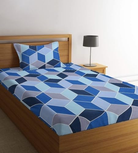 Image of Glace Cotton Single Bedsheet 60x90 Inches with 1 Pillow Cover - Blue Geometric 3D Cube Pattern Sheet - Soft Flat Bedsheet for Single Bed Kids Room Hostel Decor - Blue Geometric