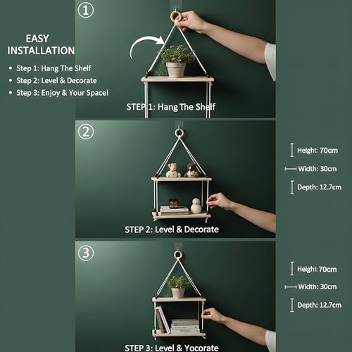 Image of 2Tier Hanging Shelf with Magic Hook, Use Decor Plants, Books, Decorative Gift Items Nursery Livingroom Wooden Beads & Ring Woven Bohemian Chic for Dorm