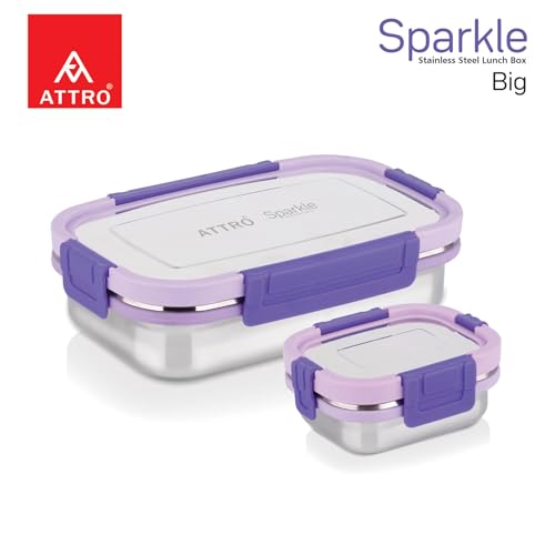 Image of ATTRO Sparkle Big Stainless Steel Lunch Box 2-Piece Set - 900ml + 200ml - Leak-Proof, BPA-Free, Compact & Durable - Ideal for Kids, Office, Travel - Purple