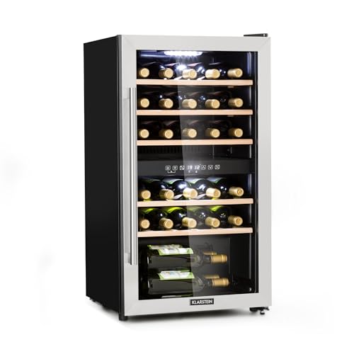 KLARSTEIN Cantinetta Vino, Cantinetta Vino Refrigerata a Zona Doppia per Interno/Esterni, Frigo Bar, Cantina Vino con Vetrina, Mini Bar con Protezione UV, Frigo Vino Touch, 5-22°C, 29 Bottiglie