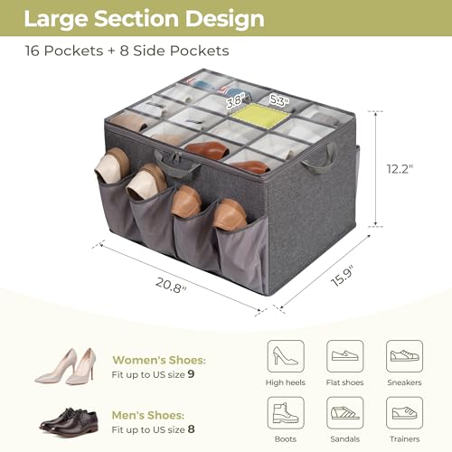 STORAGEIDEAS Shoe Organizer for Closet, Fits up to 24 Pairs, Fabric Shoe Box Storage Containers with Adjustable Dividers and Clear Cover, Grey, 2 Pack by STORAGEIDEAS - Image 2