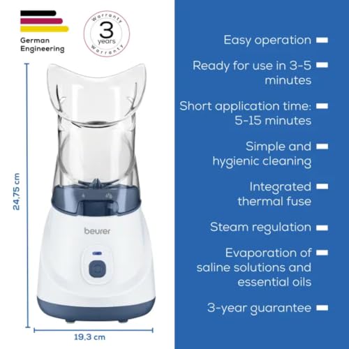Image of Beurer German Engineering SI 31 Steam Inhaler Machine for Cold, Cough & Sinus Relief | Steam Vaporizer for Nose & Throat Congestion | Fast Steam in 3 Min, Auto Shut-Off | Adjustable Output | 40 ml Capacity | For Adults & Kids | White in color I 1-Year Warranty