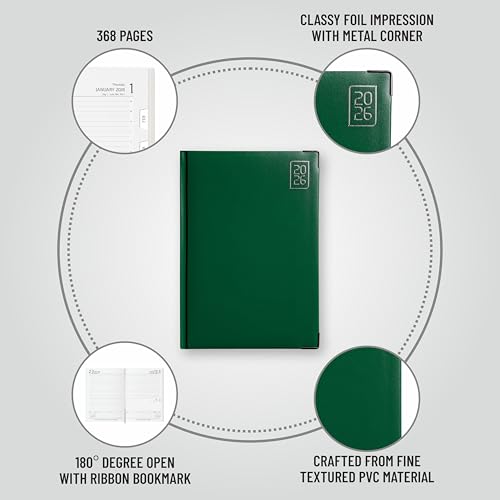 Image of Anupam Fash 2026 Diary with Dates, 2026 Daily Planner Month Cut Index Full Page for Monday-Friday and Saturday-Sunday in one Page with Monthly Calendar, 80GSM B5 365 Days Diary (Green)