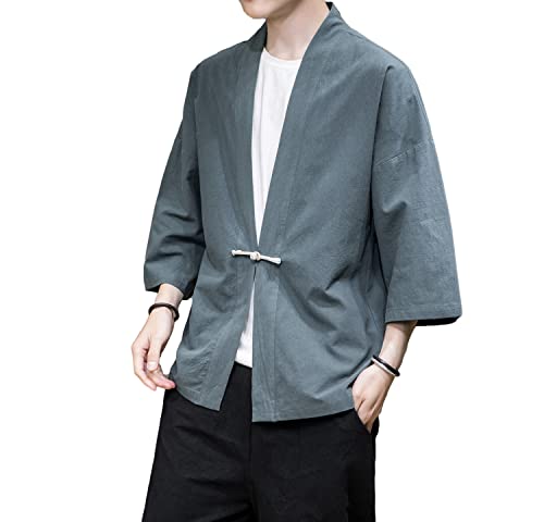 Image of Mens Kimono Cardigan Cotton Linen Japanese Shirt 3 /4 Sleeve Haori Yukata | Skin-Friendly Solid Color Lightweight Shawl Collar Kimono Robe Embroidery Button Tie Pockets Happi Coat All Season Daily Wear