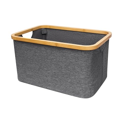 LIN HOME Cesto de Tela Plegable Gris para Ropa Sucia Retangulo 45x30x24.5cm con Asa de Bambú - Cesta Organizadora Multiuso para Ropas, Lavadero Baño Dormitorio
