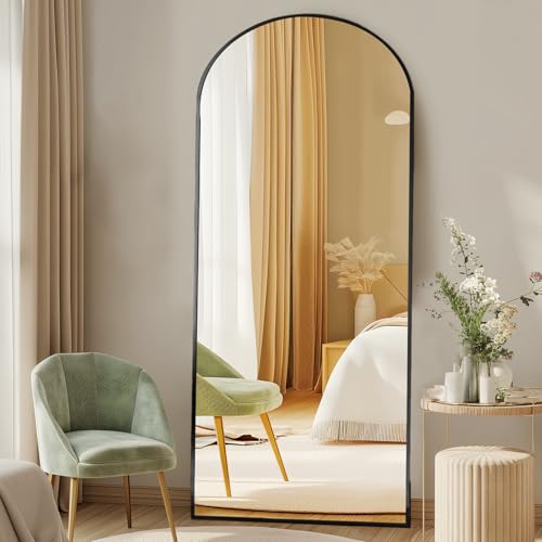 DUMOS Arched Full Length Mirror with Stand 64″x21″ Floor Standing Aluminum Frame for Bedroom Body Hanging Leaning Modern Simple Home Decor Shatter-proorf Nano Glass Wall Living Room Cloakroom Black