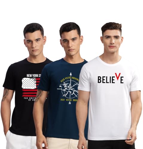 Image of ADRO 100% Cotton Lycra Tshirts for Men Combo Pack of 3 | Regular Fit | Printed T Shirt | Round Neck Half Sleeve| Mens Tshirts