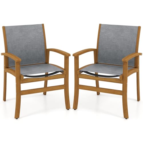 RELAX4LIFE - RELAX4LIFE 2 Pieces Patio Chairs - Acacia Wood Armchairs Set of 2 w/Breathable Fabric Back & Seat, 400 lbs Load, Outdoor Dining Chairs Set for Porch, Deck, Garden and Poolside (Natural + Gray)